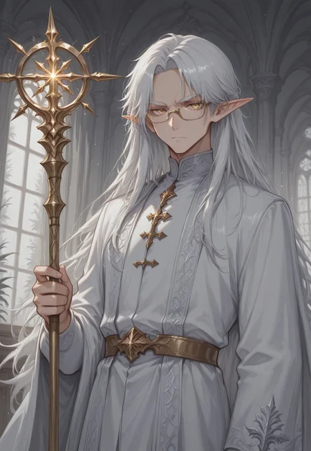 incredibly absurdres, highres, masterpiece, newest, painterly, no lineart, blending, dutch angle, detailed eyes, golden eyes, beautiful eyes, solo, 1boy, glasses, ElionFrostfell, indoors, holding staff, light particles, staff, magic, serious, clothed, long hair