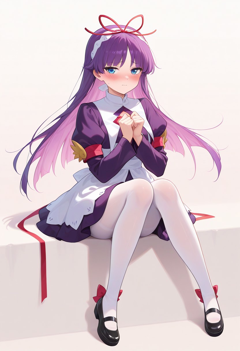 <lora:PFeli_SDXL_Illustrious01_fp16_ver01:1>,PFeli, 1girl, long hair,purple hair, white pantyhose, dress,red ribbon, blue eyes, black footwear, long sleeves, red bow, hairband, shy, blush, lovely, cute, newest, masterpiece, best quality, very aesthetic, absurdres,<lora:detailed_hands:1>,hand