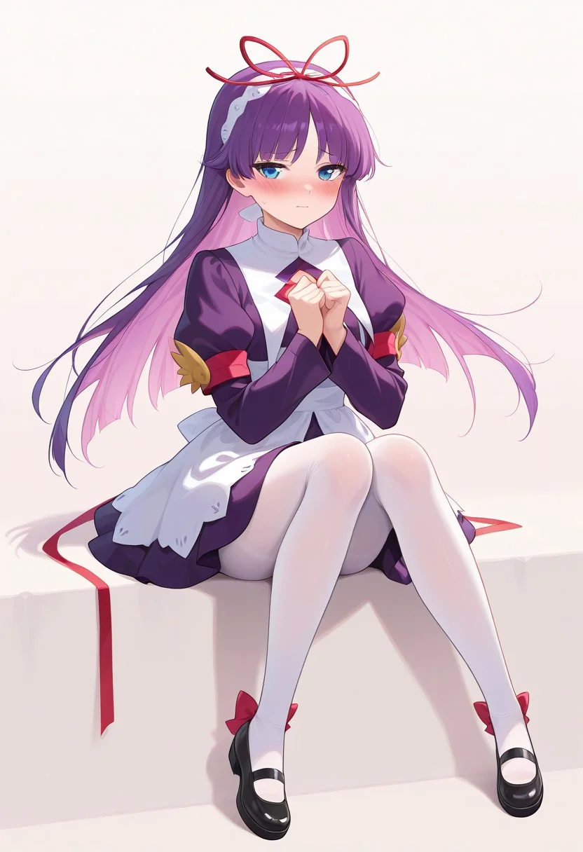 <lora:PFeli_SDXL_Illustrious01_fp16_ver01:1>,PFeli, 1girl, long hair,purple hair, white pantyhose, dress,red ribbon, blue eyes, black footwear, long sleeves, red bow, hairband, shy, blush, lovely, cute, newest, masterpiece, best quality, very aesthetic, absurdres,<lora:detailed_hands:1>,hand