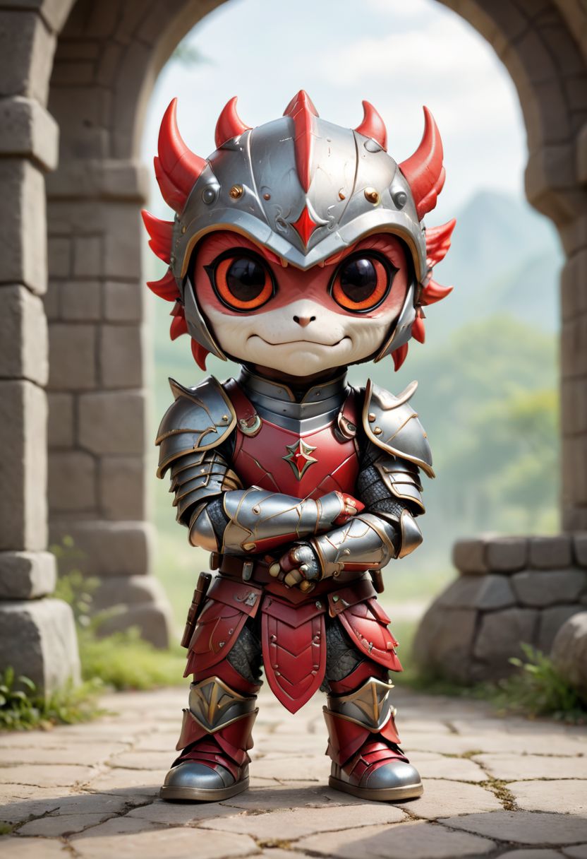 Cute little happy miniature chibi draghon with big comically bright red eyes, wearing armor and converse plated armor, arms crossed