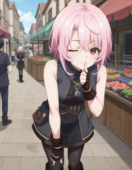 score_9, score_8_up, score_7_up, source_anime, BREAK
1girl, solo, looking at viewer, outdoors, market, stall, crowd, blurry background, day, leaning forward, wink, finger to mouth, pov, full body,
sitri smart, short hair, pink hair, asymmetrical bangs, hair between eyes, red eyes,
sleeveless dress, dark gray dress, bare shoulders, necklace, fingerless gloves, waist pouch, pantyhose, boots
<lora:sitri_smart_anime-soralz:1>