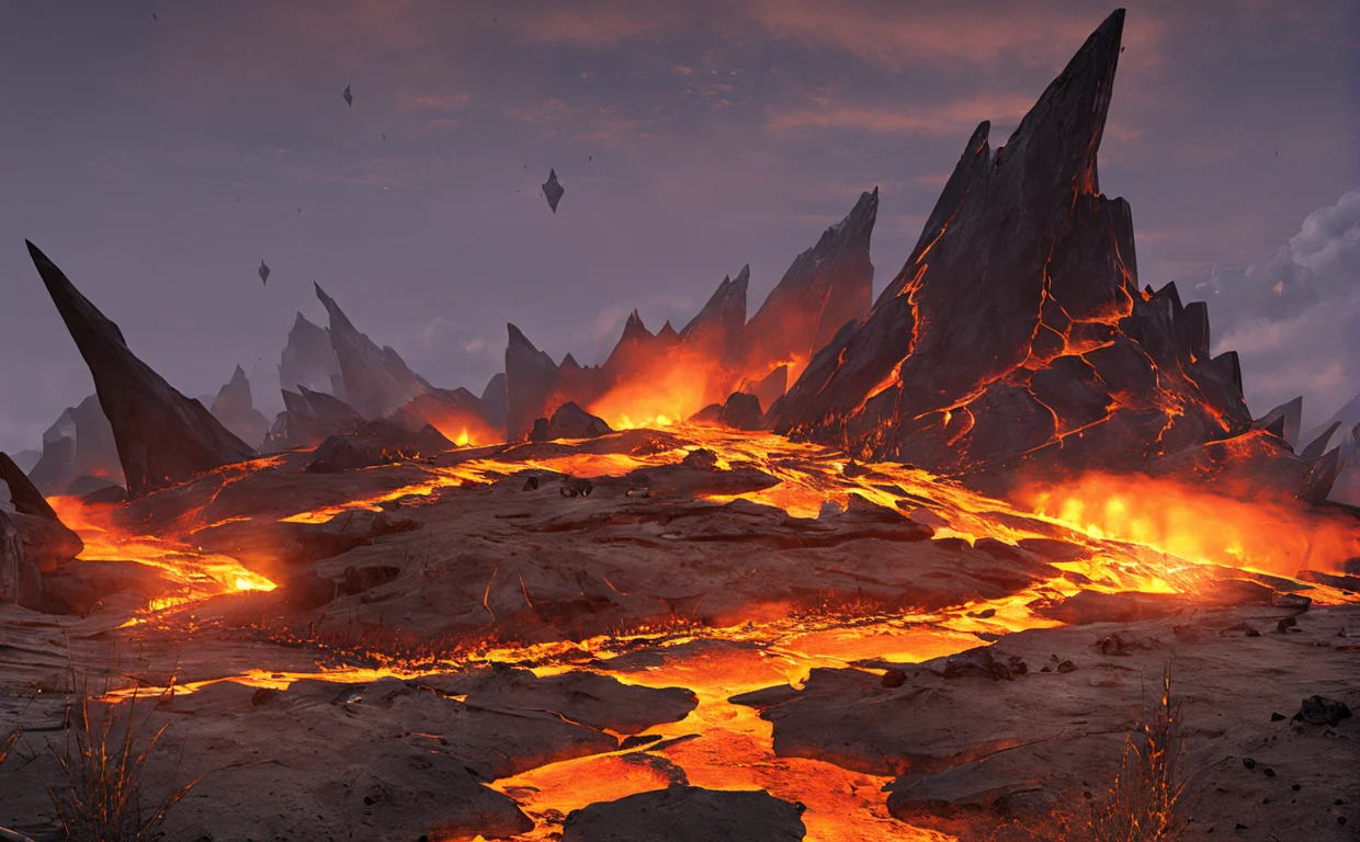 cene concept, lava field, 3D rendering, ultra-clear details, masterpiece, high quality, lava, landscape, unmanned, outdoor, fire, sky, clouds, orange theme, rock, protruding rock, spikes<lora:ç岩ä¹å°:1>