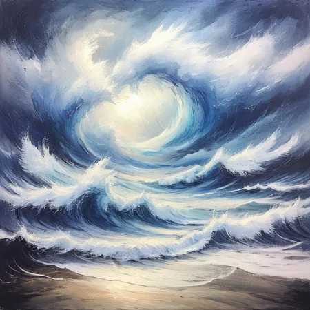 ArsMJStyle, Oil Pastels ,<lora:Oil_Pastels:1>, <lora:add-detail-xl:1.2> Storm-tossed seascape, dynamic wave textures, layered whites and blues suggesting foam, dark brooding sky, gestural strokes conveying motion, high contrast, Turner-esque drama