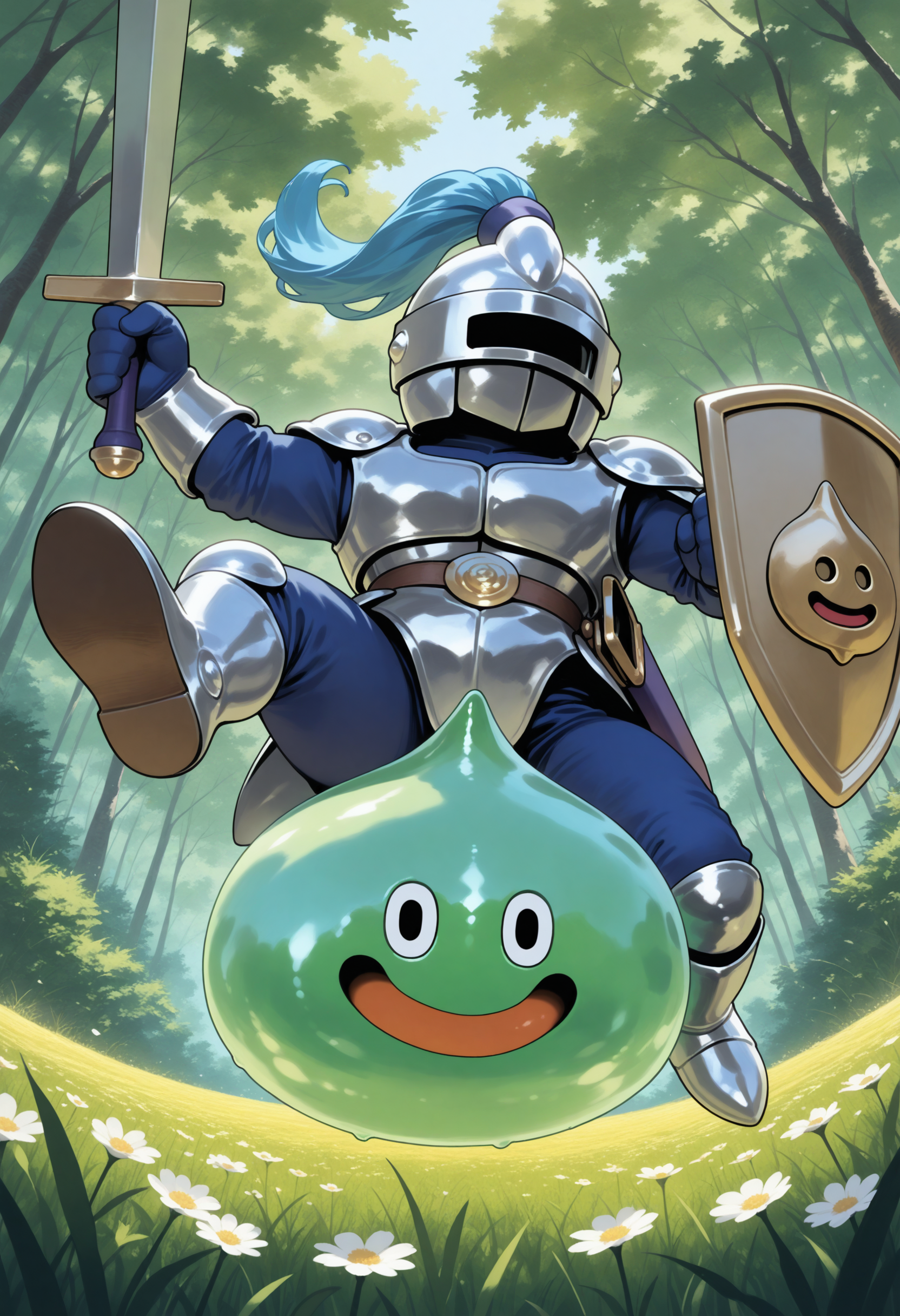 masterpiece,best quality,nature,field,slime knight,slime_(dragon_quest),armor,helmet,knight,green skin,holding sword,holding shield,<lora:slime knight-NAIvPred:0.9>,fighting stance,jumping,from below,incoming attack,