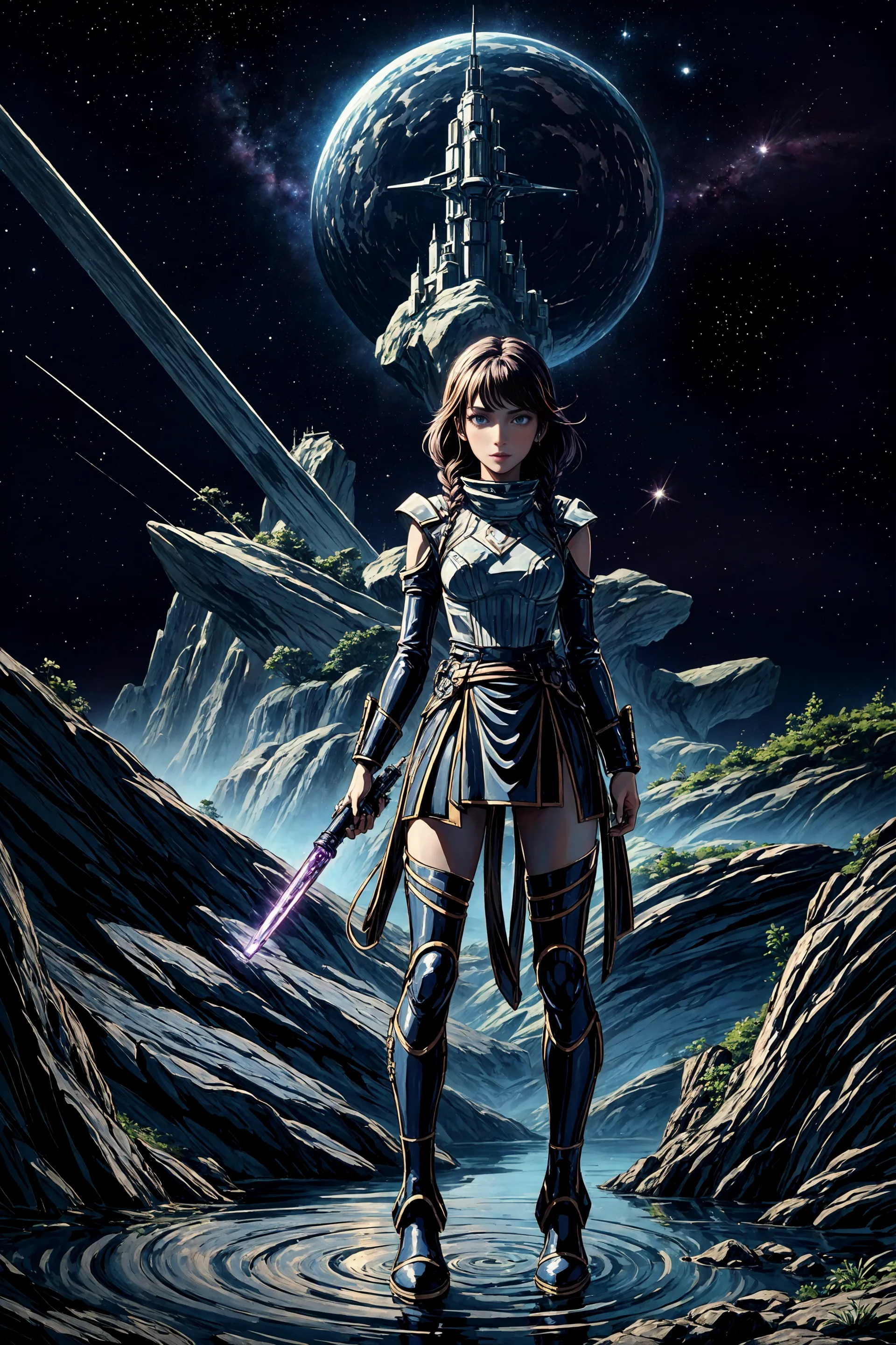 (young (Argentine) space adventurer:1.2) woman,  dutch braid titian hair, close-up portrait, (standing), full body, Reflex Blue (laser:0.8) saber, laser gun, legs, loincloth, space boots, Watermelon  space adventurer clothes,  flower in hair, ball earrings, necklace, glossy lipstick, (happy) (smile:0.7), pretty beautiful, feminine, (nice lovely,adorable cute:0.8), sexy, (in love romantic loving:0.8), (beautiful space fantasy scifi futuristic landscape:0.9), (very detailed:1.2), (best quality:1.2), (space planet:0.9), (sharp focus:1.2), (big rocks:0.9), (water ripples) reflections, spatial futuristic castle, (small river pond:0.8), space forest, (space village:1.2), (stunning nature aquatic environment:0.8), space ship, (unknown exotic land:0.9), nice (alien civilization):0.8, bright (sunny sky), high contrast, cinematic lights, backlight, shadows, (lens flare:0.4), (vibrant colors, colorful):0.7, (Light Zerg Purple flowers:0.9) and leaves, <lora:Detail Tweaker LoRA add_detail:0.8><lora:depth_of_field_slider_v1:5>  <lora:SDXLrender_v2.0:0.9> <lora:1970RetroFuturism:0.3> 1970retrofuturism
