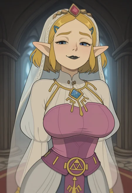 W411, masterpiece, best quality, solo, princess zelda, blonde, veil over, black lipstick, smug, blue eyes, faceshot, large breasts, see through, fantasy palace background,