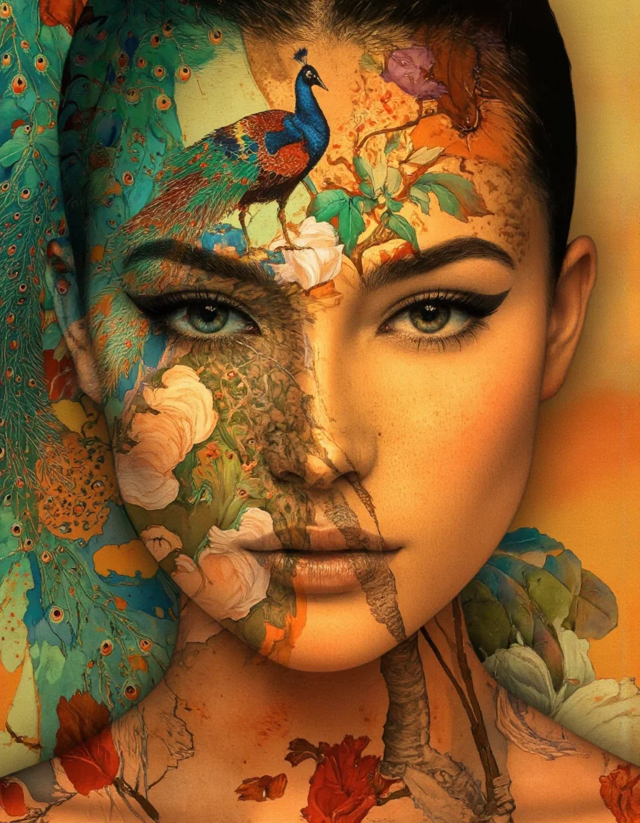 Art by Juan Brufal. A digital illustration shoot from a close-up camera angle about a portrait of a woman's face adorned with intricate floral patterns and vibrant colors, featuring a blend of green, blue, and orange hues. the image also shows a woman in the middle of the image, facing the viewer, with her eyes looking directly at the viewer. she has a serene expression with her lips slightly parted. her hair is styled in a neat and tidy manner, and her skin is a warm, golden-brown color. her eyes are a striking shade of blue, with long eyelashes and a subtle eyeliner. she is surrounded by a vibrant, floral pattern in shades of green and blue, including leaves, flowers, and feathers. the background is a gradient of warm oranges and yellow hues, creating a warm and inviting atmosphere. the overall effect is one of beauty and serenity, with a focus on the intricate details of her face and the floral patterns.