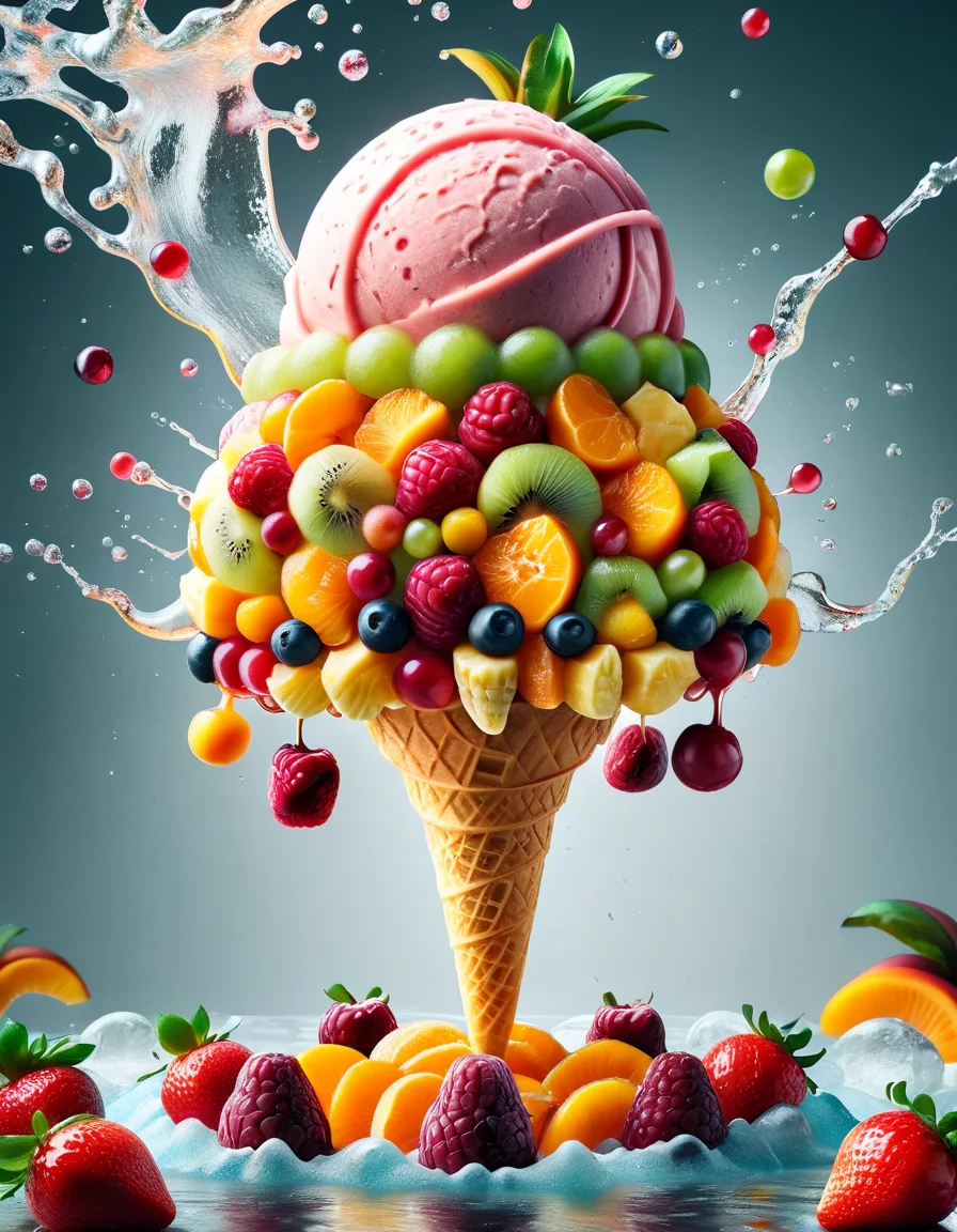 a ice cream, made of liquid ral-fruitsalad splashes, merging, melting, splashing, droplets, mixing, fading away, exploding, swirling, intricate detail, modelshoot style, dreamlikeart, dramatic lighting. 8k, highly detailed, made out of ral-fruitsalad <lora:ral-fruitsalad-sdxl:1> ral-fruitsalad landscape