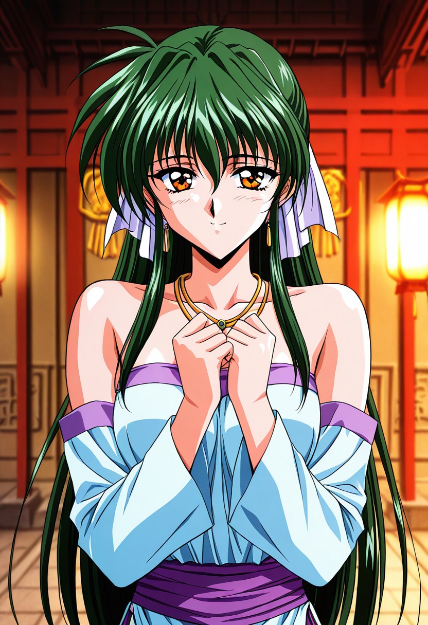 general,highres, ultra-detailed,very aesthetic,best quality ,best hands,masterpiece, best quality, newest, highres, score_9, score_8_up, score_7_up, source_anime, rating_explicit,1girl, yokota mamoru style,motion lines,,Very straight nose,slim,slender face,perfect nose,1990s (style)
Sendou Hitomi, Green Hair, Sidehair, Waist Length Hair,Amber Eyes,Necktie, Ribbon Hair Tie
 anime screencap,detached sleeves,bare shoulders,long hair,thai clothes,jewelry,earrings,large breasts,lantern light,depth of field,detailed face,face focus,long sleeves,smile,hands on lips,east asian architecture,(blurry background:1.2),upper body,(thai temple background:1),(gold necklace:1.2),thailand,sunny,temple.southeast asia,outdoors,<lora:thailandTradition_thailandDress:0.5>,