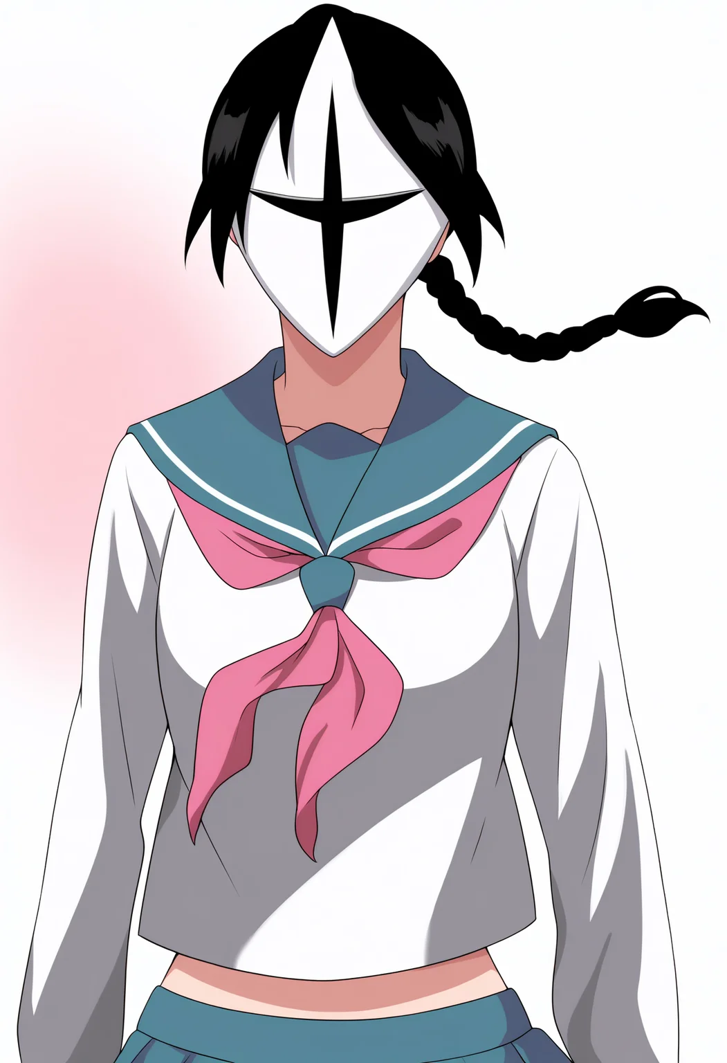 best quality, amazing quality, very aesthetic, absurdres,
1girl, yadoumaru lisa, black hair, braid, mask,
school uniform, serafuku, skirt,
upper body,
solo, looking at viewer, simple background, white background <lora:LisaYadomaruNoobXL_byKonan:1>