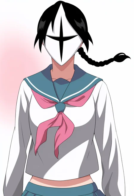 best quality, amazing quality, very aesthetic, absurdres,
1girl, yadoumaru lisa, black hair, braid, mask,
school uniform, serafuku, skirt,
upper body,
solo, looking at viewer, simple background, white background <lora:LisaYadomaruNoobXL_byKonan:1>