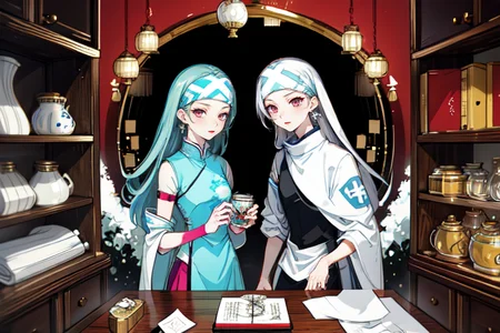 highly insanely detailed, masterpiece, top quality, best quality, highres, 4k, 8k, RAW photo, (very aesthetic, beautiful and aesthetic),
beth_\(megami_tensei\),bethsmtii,shin megami tensei ii,long hair,black hair,straight hair,sleek black,jewelry,cross,headband,red_lipstick,bandana_with_messian_symbol,Religious_bandana,symbol_headband,messian_church_bandana,messian_cross_earrings,cross_earrings,religious_earrings,messian_symbol_jewelry,white cape,cape_with_messian_symbol,Religious_cape,messian_symbol_cape,holy_knight_cape,Tokyo_Millennium,post-apocalyptic_city,dystopian_world,Arcadia,Utopian_district,demon-free_zone,false_paradise,Great_Cataclysm,World_ending_event,apocalyptic_disaster,city_rebirt,
<lora:zs_Beth:0.8>,
(1girl:1.3), 1other,
Traditional Chinese Medicine,cupping_therapy,suction_cups,skin_marks,meridian_chart,body_map,energy_paths,acupuncture,thin_needles,meridian_points,moxibustion,burning_moxa,herbal_tea,medicinal_tea,traditional_brew,herbal_medicine,medicinal_plants,dried_herbs,herbal_dispensary,herb_cabinets,medicinal_drawers,chinese_medicine_cabinet,health_benefits,yin_yang,pickling,traditional_chinese_philosophy,traditional_chinese_concept,dualism,traditional_medicine_clinic,chinese_apothecary,treatment_rooms,hanging scroll,incense burner,pestle,mantle clock,balance_symbol,spice,traditional_healing,traditional_decor,âââ