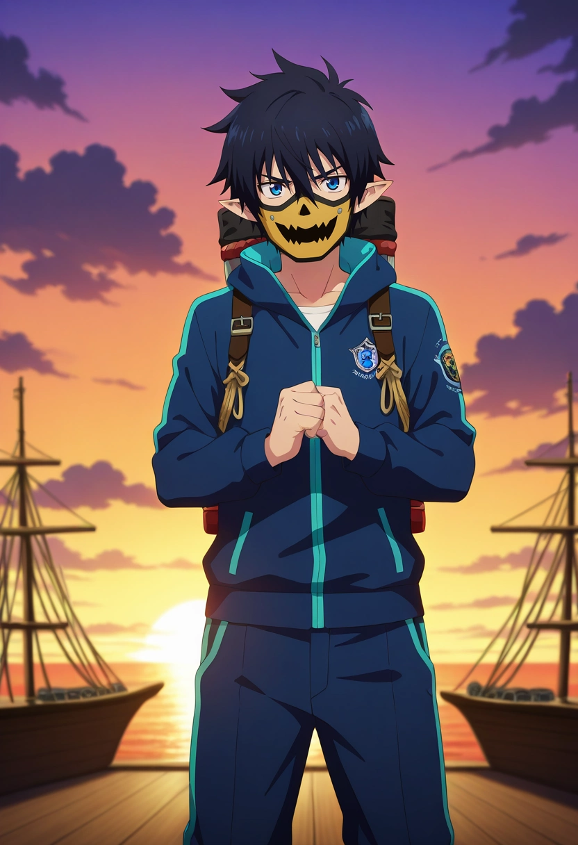 masterpiece, best quality, , anime screencap, , , , depth of field, 1boy, solo, male focus, <lora:rin_okumura_ilxl:0.8>, rin_okumura, black hair, blue eyes, short hair, pointy ears, hair between eyes, , , sky pirates, airship deck, cloud sea, rope rigging, heroic pose, determined expression, sunset, Joggers, Windbreaker, , , andScarecrow Mask