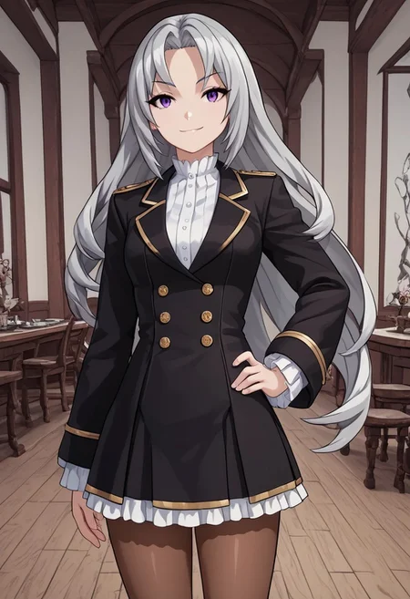 score_4,score_5,score_6,score_7_up,score_8_up,score_9
((masterpiece,best quality,ultra detailed,highres,HD,4k:1.2)),
1girl,solo,grey hair,long hair,Forehead,parted bangs,purple eyes,Strong-willed, strong-willed woman, sharp eyes, slanted eyes,
Black jacket,long sleeves,white shirt,black skirt,pantyhose,brown pantyhose,black shoes,
hand on hip,standing,
smile,
