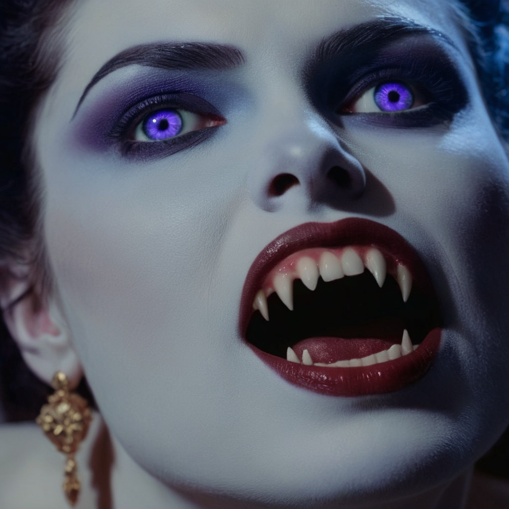 cinematic film still of  <lora:vampire fangs teeth 2:1.2>
Gorgons in Greek mythology frank frazetta painting of a Female Vampire woman with a vampire makeup and a Vampire Fangs Teeth and reflective purple blue eyes staring at camera, shallow depth of field, vignette, highly detailed, high budget, bokeh, cinemascope, moody, epic, gorgeous, film grain, grainy