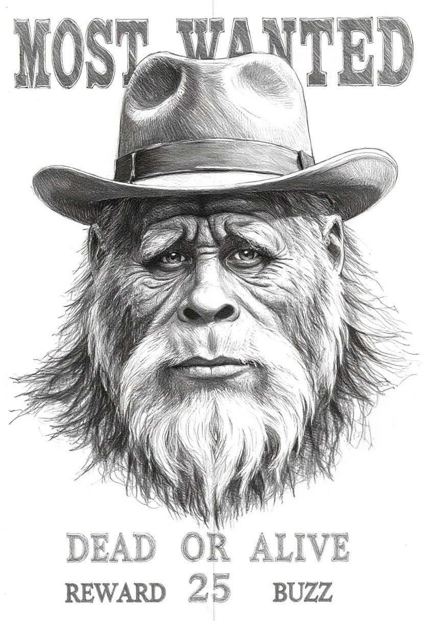 MOST WANTED poster with a highly detailed, black-and-white drawing of the aged outlaw HarryBigfoot gunslinger as a bandit of the old west, rendered in a semi-realistic, high-contrast style on smokey paper.
The drawing is done in a realistic style, with intricate cross-hatching and shading techniques that convey texture and depth. HarryBigfoot has a stern look on his scarred and rugged face, and he wears a bowler hat that casts a shadow over his forehead. Text on the bottom say ”REWARD 25 BUZZ”. The overall style and execution of the drawing evoke a sense of realism and historical accuracy, reminiscent of 19th-century american western frontier wanted poster. ”DEAD OR ALIVE”