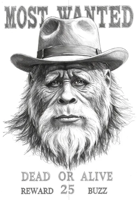 MOST WANTED poster with a highly detailed, black-and-white drawing of the aged outlaw HarryBigfoot gunslinger as a bandit of the old west, rendered in a semi-realistic, high-contrast style on smokey paper.
The drawing is done in a realistic style, with intricate cross-hatching and shading techniques that convey texture and depth. HarryBigfoot has a stern look on his scarred and rugged face, and he wears a bowler hat that casts a shadow over his forehead. Text on the bottom say ”REWARD 25 BUZZ”. The overall style and execution of the drawing evoke a sense of realism and historical accuracy, reminiscent of 19th-century american western frontier wanted poster. ”DEAD OR ALIVE”