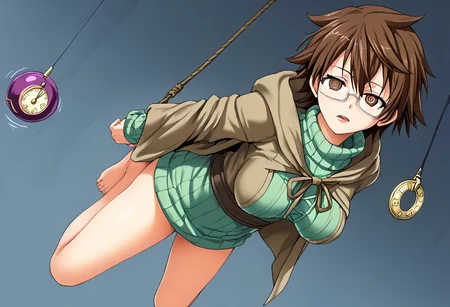Aussa hypnotized while restrained,
score_9, anime, 1girl, lewd, smooth,
mind control, hypnosis, @_@, pendulum, looking at pendulum, (pendulum in front of face), slack jaw,
suspended, bound arms, bound feet, (off the ground), horizontal,
aussa(yugioh), duel monster, brown hair, brown eyes, glasses, hair between eyes, ribbed sweater, turtleneck, green sweater, cloak, robe,