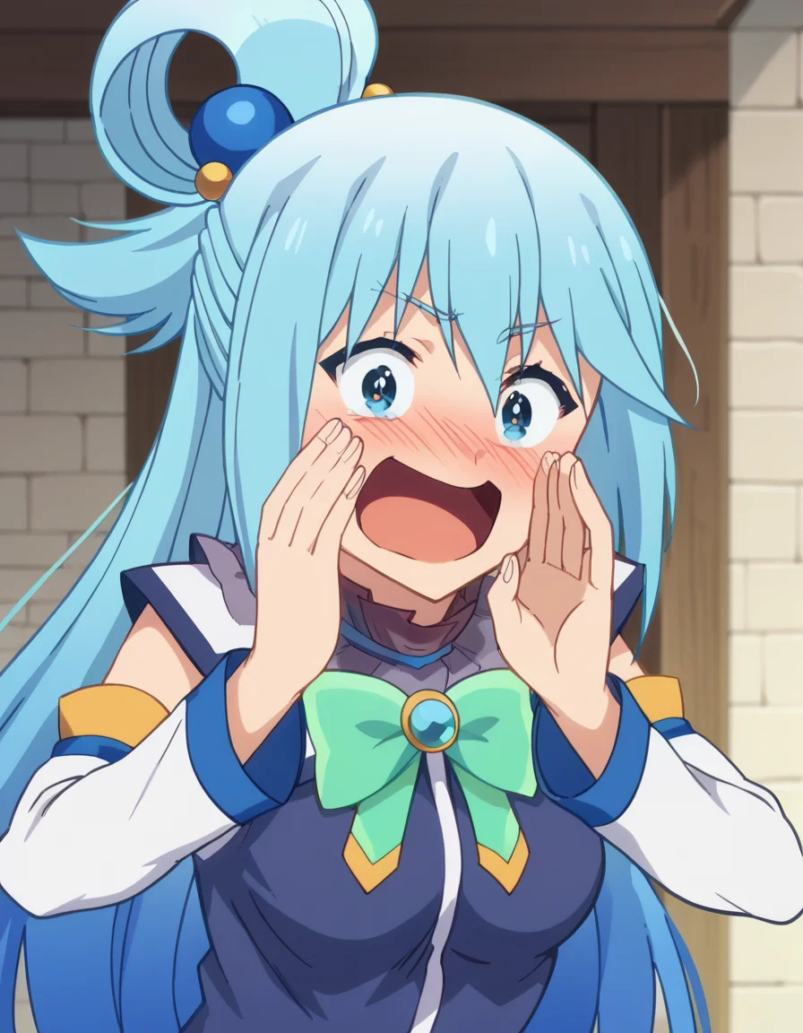 score_9, score_8_up, score_7_up, source_anime, <lora:konosuba-aqua-s2-ponyxl-lora-nochekaiser:1>, aqua (konosuba), long hair, blue eyes, hair ornament, very long hair, blue hair, hair rings, single hair ring, hair bobbles, medium breasts, anime screencap, <lora:shouting-hand-to-own-mouth-ponyxl-lora-nochekaiser:1>, shouting hand to own mouth, shouting, hand to own mouth, looking at viewer, smile, open mouth, blush,, ,