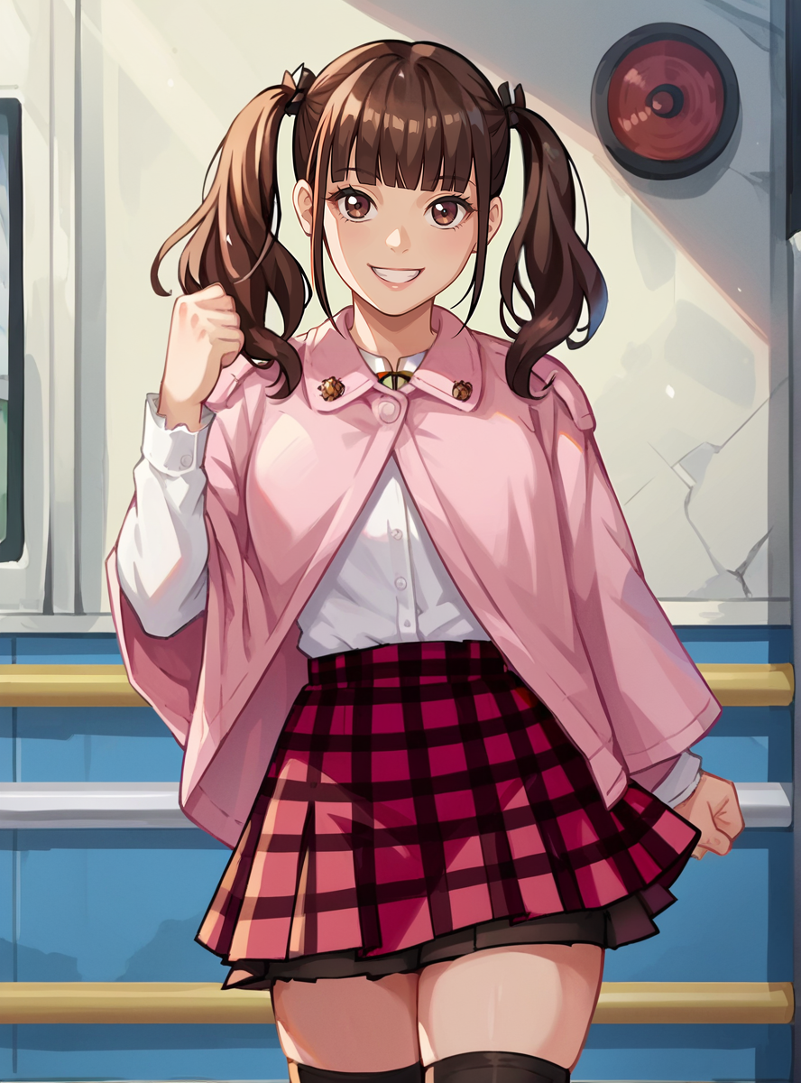 score_9, score_8_up, score_7_up, score_6_up, source_anime, (anime screencap), uncensored    anime coloring  anime coloring,   <lora:KaguraIzumi:0.8>kaguraizumi, 1girl, solo, skirt, smile, thighhighs, bangs, plaid, brown hair, blunt bangs, plaid skirt looking at viewer,  ,twintails,  two side up,  thick thighs,,  fighting stance, brown eyes