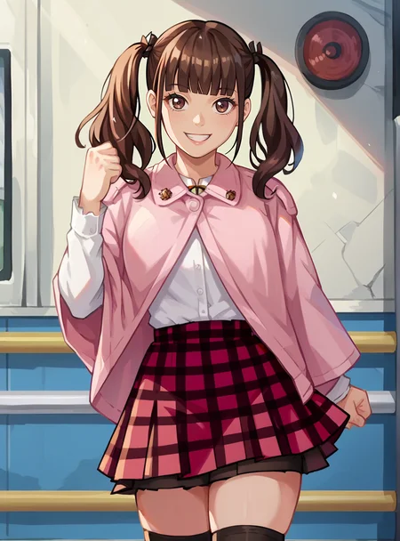 score_9, score_8_up, score_7_up, score_6_up, source_anime, (anime screencap), uncensored    anime coloring  anime coloring,   <lora:KaguraIzumi:0.8>kaguraizumi, 1girl, solo, skirt, smile, thighhighs, bangs, plaid, brown hair, blunt bangs, plaid skirt looking at viewer,  ,twintails,  two side up,  thick thighs,,  fighting stance, brown eyes