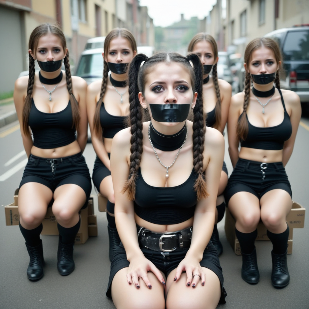 bound wrists, upper body, twin braids, 6+girls, street, breasts apart, sitting, black shirt, thighhighs, crying, black shorts, black choker, from behind, torn clothes, mole on stomach, tank top, large breasts, navel piercing, necklace, mole on thigh, restrained, car, hair censor, very long hair, bdsm, armpit hair, blurry, pearl necklace, box, chair
