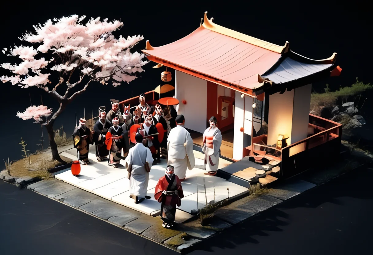 score_9,score_8_up,score_7_up,masterpiece,best quality,source_real,realstic,photorealstic,
KitsuneNoYomeiri_Bridal,,cherry blossom tree,sash,architecture,japanese traditional architecture,,standing,<lora:BDpony_KitsuneNoYomeiri_V1-5928:1>,:,<lora:IsoPixel-PDXL:1>,ispzxll,simple background,isometric,miniature,diorama,no people,black background,from above,<lora:add-detail-xl:1>,mysterious atmosphere,mist,