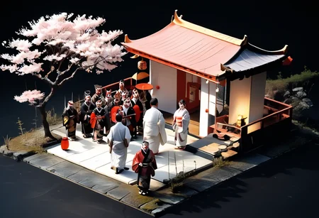 score_9,score_8_up,score_7_up,masterpiece,best quality,source_real,realstic,photorealstic,
KitsuneNoYomeiri_Bridal,,cherry blossom tree,sash,architecture,japanese traditional architecture,,standing,<lora:BDpony_KitsuneNoYomeiri_V1-5928:1>,:,<lora:IsoPixel-PDXL:1>,ispzxll,simple background,isometric,miniature,diorama,no people,black background,from above,<lora:add-detail-xl:1>,mysterious atmosphere,mist,