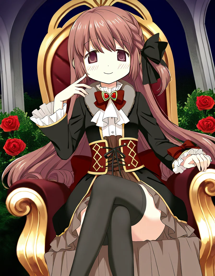 masterpiece, best quality, newest, absurdres, highres, safe, 1girl, satomi touka, magia record: mahou shoujo madoka magica gaiden, smile, looking at viewer, sitting, crossed legs, throne, looking down, from bottom, solo, garden, red rose, night, dutch angle, <lora:satomi_touka_noobaiXLNAIXL_vPred10Version:0.7>