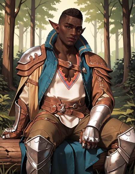 masterpiece, best quality, absurdres, newest, perfect quality, best quality, absolutely eye-catching, detailed background, intricate details, realistic, male focus, <lora:Dragon Age Veilguard - Davrin - Illustrious-000009:0.7>, dav_davrin, 1boy, mature male, elf, pointy ears, very dark skin, curly hair, buzz cut, dark brown eyes, facial tattoo, white shirt, v-neck, pants, coat, side cape, gauntlets, single pauldron, armored boots, contrapposto, looking at viewer, outdoors, forest, sitting on log