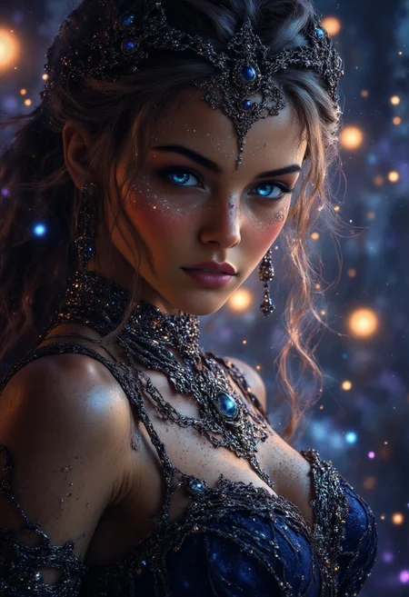 Celestial Dreamer
"A breathtaking woman with ethereal beauty, her luminous blue eyes reflecting the cosmos. Her skin shimmers with iridescent pearls and cosmic dust, blending into the nebula-like glow of her surroundings. Delicate strands of golden and crystal filaments weave around her, resembling a celestial network of stars and galaxies. Her makeup is a masterpiece of fiery orange and deep violet hues, enhancing her mystique. With a soft yet powerful gaze, she embodies the essence of the universe itself—enchanting, infinite, and untouchable."