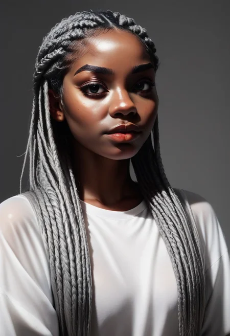 score_9, score_8_up, score_7_up, 1 woman, dark skin, long black2silver box braids, portrait, b0ll4nd, oversized sheer white tshirt, DRKDL, dramatic lighting