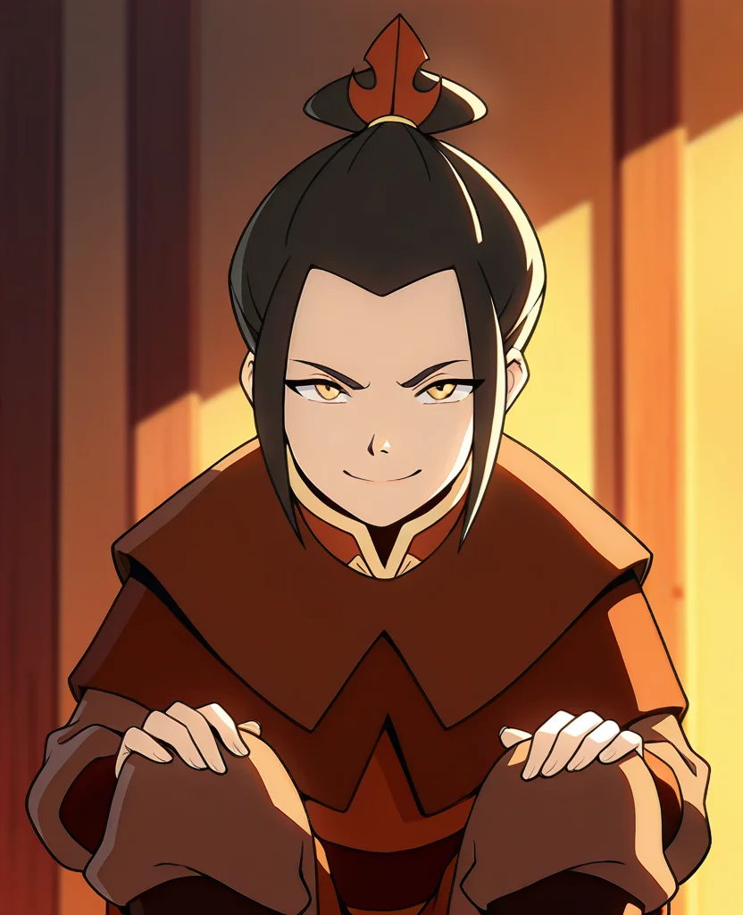 masterpiece, best quality, amazing quality, highres, absurdres, <lora:Azula_2_outfits_ILLUS-000009:0.9> , azula1, 1girl, black hair, long sleeves, azula \(avatar\), yellow eyes, boots, single hair bun, topknot, capelet, short hair, sidelocks, uniform, portrait, close up, looking at viewer, smile
