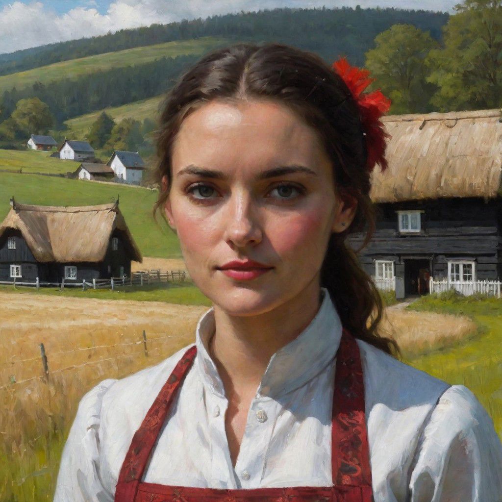 Oil painting, fullbody, full-length portrait, outdoor, woman in the center of the painting standing half sideways, summer, day. She is dressed in a white shirt with red patterns, a red waistcoat, a black shirt below the knee with a burgundy apron in front. Dark shoes on his feet, and a white necklace around his neck, hands akimbo. On the face is a slight smile, and on the head is a black ochipok with a red stripe. A wooden fence is visible in the left part of the image. Behind the woman is a green meadow. In the far background, two whitewashed houses with thatched roofs can be seen, behind which the forest stretches.