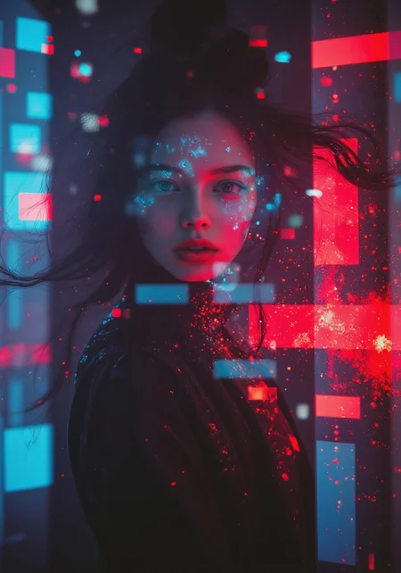 neon-mist, DeepDream-style cinematic poster, inspired by Blade Runner, close-up portrait of a beautiful, passionate actress, intense and graceful, futuristic elegance, fashion editorial aesthetic, expressive and magnetic presence, confident attitude, hypnotic gaze with glowing reflections, lips held with subtle tension, translucent strands of hair floating gently, messy elegance, futuristic lighting casting rim highlights on cheekbones, soft cinematic shadows on her face, dreamy neon mist in the background, low-gravity atmosphere with suspended glowing particles, hauntingly poetic aura, high-tech fashion by Iris van Herpen, translucent textures, avant-garde design details, cyberpunk fashion elements, soft bokeh, shallow depth of field, emotionally charged moment, cinematic light play, captured in the style of Peter Lindbergh and Marta Bevacqua, 85mm lens, f/1.4, high detail, soft tonal bloom, 8K UHD, flux lighting, surreal realism, timeless sci-fi elegance, portrait from an epic dystopian film, subtle film grain, soft glow, floating tension. Midjourney_Whisper, velvet_myst,