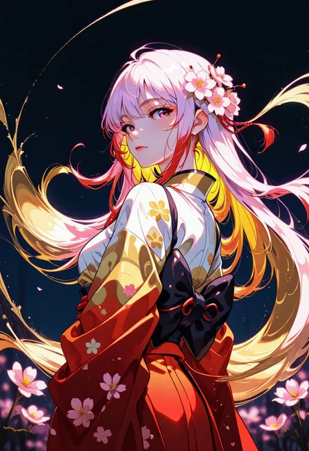 ckym, in the style of ckym, masterpiece, best quality, good quality, very aesthetic, absurdres, newest, 8K, depth of field, focused subject, artist:moriimee, BREAK intricate linework with expressive contrasts, soft lighting with dynamic highlights, image of a Japanese woman in a silk red and gold kimono, long bioluminescent hair, flowing hair, bangs, sakura flower in her hair, standing on a wooded trail, turning her head to look back at the viewer