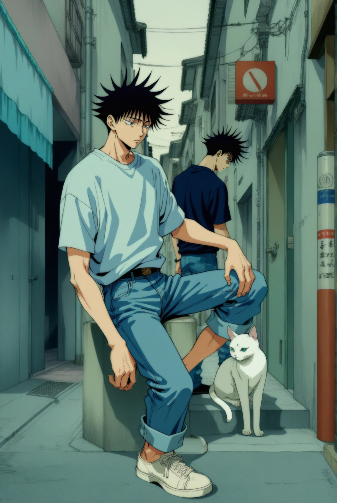 1boy, male focus, fushiguro megumi, jujutsu kaisen , (90s anime style:1.5), front view, outdoors, street view, (looking down:1.3), perfecteyes, shirt, denim shorts, (a single white cat sitting next to them) <lora:detailed_notrigger:1> <lora:ParchartXL_CODA:0.2> <lora:Isometric Cutaway:1> <lora:PerfectEyesXL:1> <lora:Surreal Harmony:0.2>