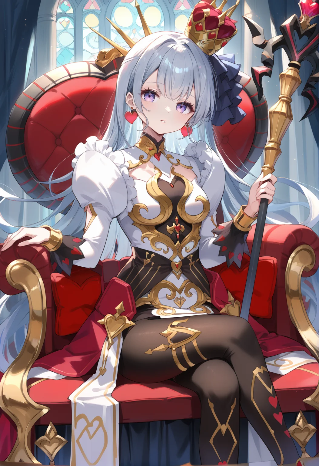 (score_9:0.9),score_8_up,score_7_up,rating_safe,anime style,(zPDXL),(zPDXL3),<lora:MALICE Queen Hearts of Crypter ponyXL v1:0.71>,mâlice queen hearts of crypter,1girl,red crown,heart earrings,solo,looking at viewer,parted lips,multicolored dress,heart halo,black pantyhose,castle,throne,sitting,crossed legs,royal,holding staff,staff,