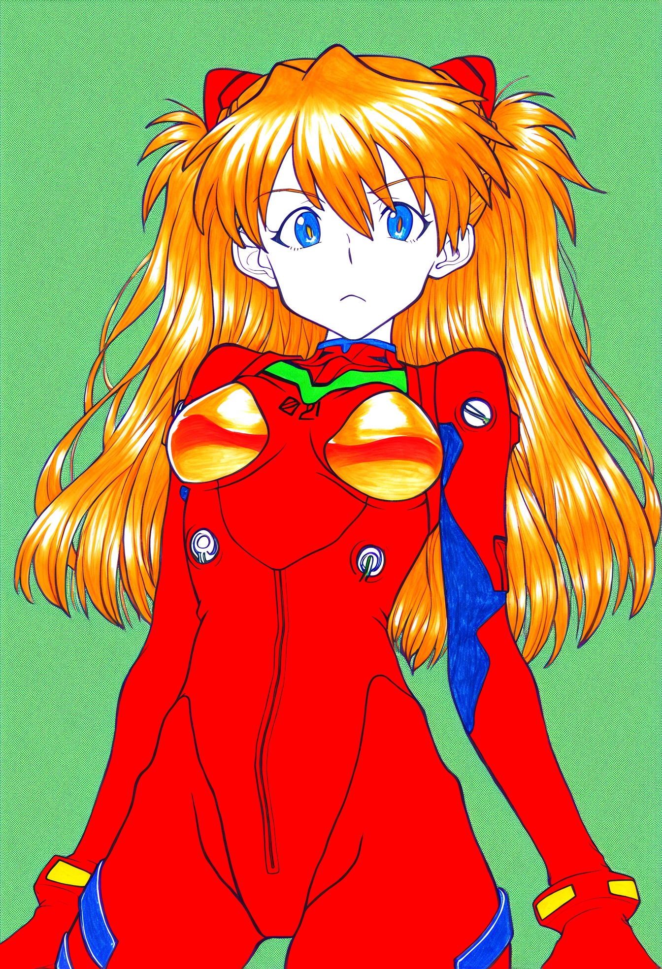 high quality, newest, hires, reduced color pallete, marker \(medium\), 1girl, solo, souryuu asuka langley, blue eyes, looking at viewer,