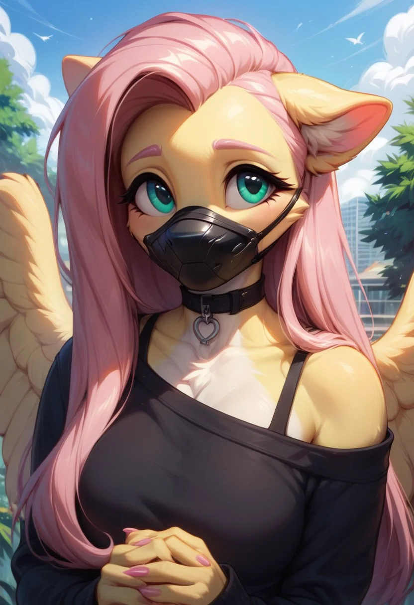 core_9, score_8_up, score_7_up, score_5_up, Anthro, Fluttershy, wears a black mask with a cute face design, and large expressive green eyes accentuate her gaze. She is dressed in stylish black clothing, with a background that creates the atmosphere of a night city, with warm reflections of light in the distance