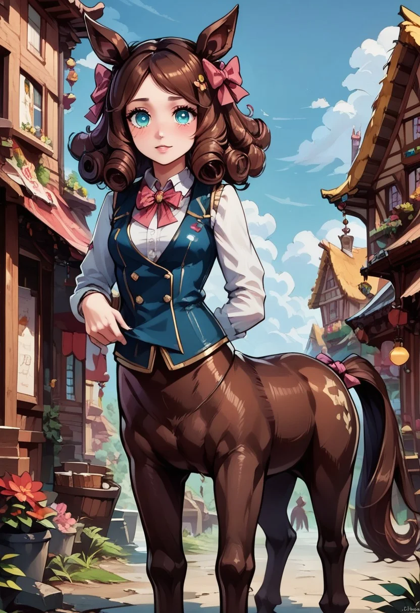 score_9, score_8_up, score_7_up, epona, (centaur), horse ears, brunette, medium hair, ringlets, hair bow, cute face, detailed eyes, small breasts, imperious expression, highly detailed, intricate, zzCitronCAT, village scenery, hair ornament, floral bow, tail bow, fur, brunette tail