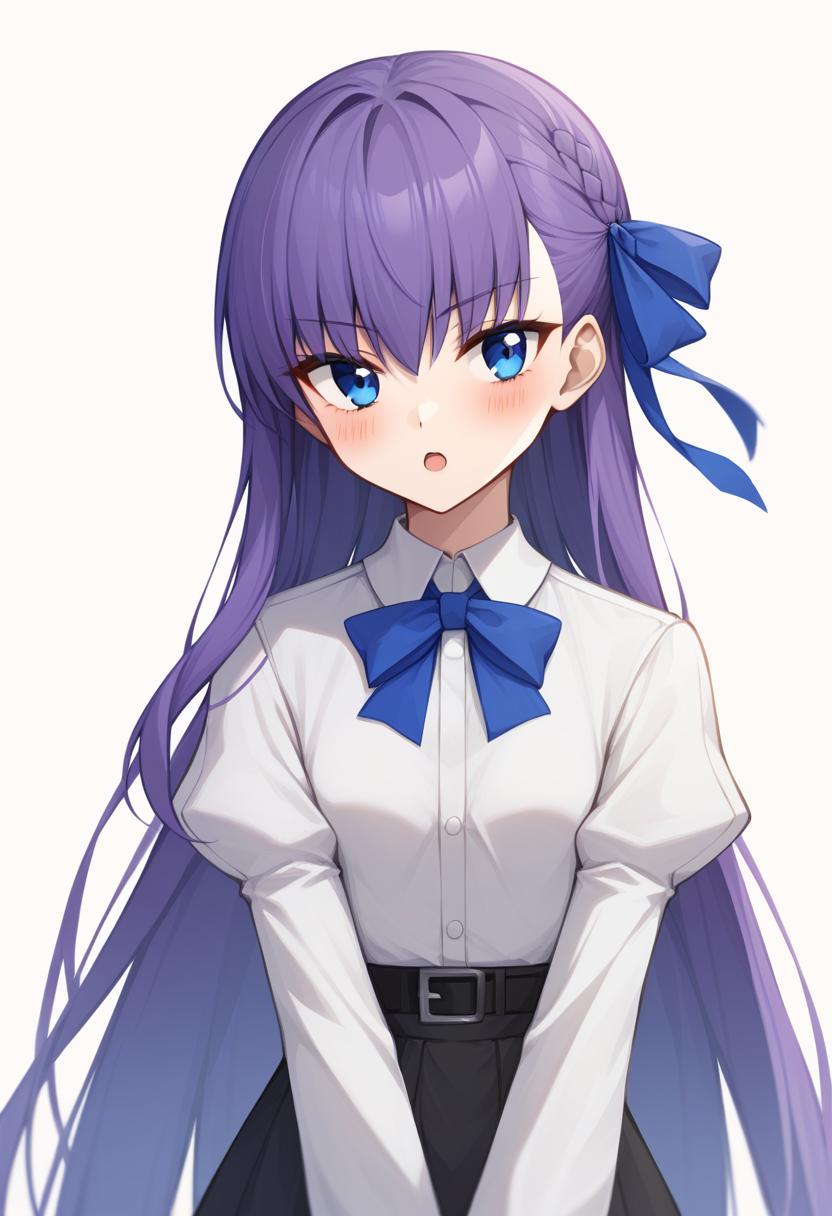 score_9,score_8_up,score_7_up,<lora:fate_extra_all:1>,1girl, black_dress, blue_eyes, blush, braid, breasts, collared_shirt, contemporary, dress, french_braid, hair_ribbon, highres, long_hair, long_sleeves, looking_at_viewer, meltryllis_\(fate\), open_mouth, puffy_long_sleeves, puffy_sleeves, purple_hair, ribbon, shirt, small_breasts, solo, very_long_hair, white_shirt
