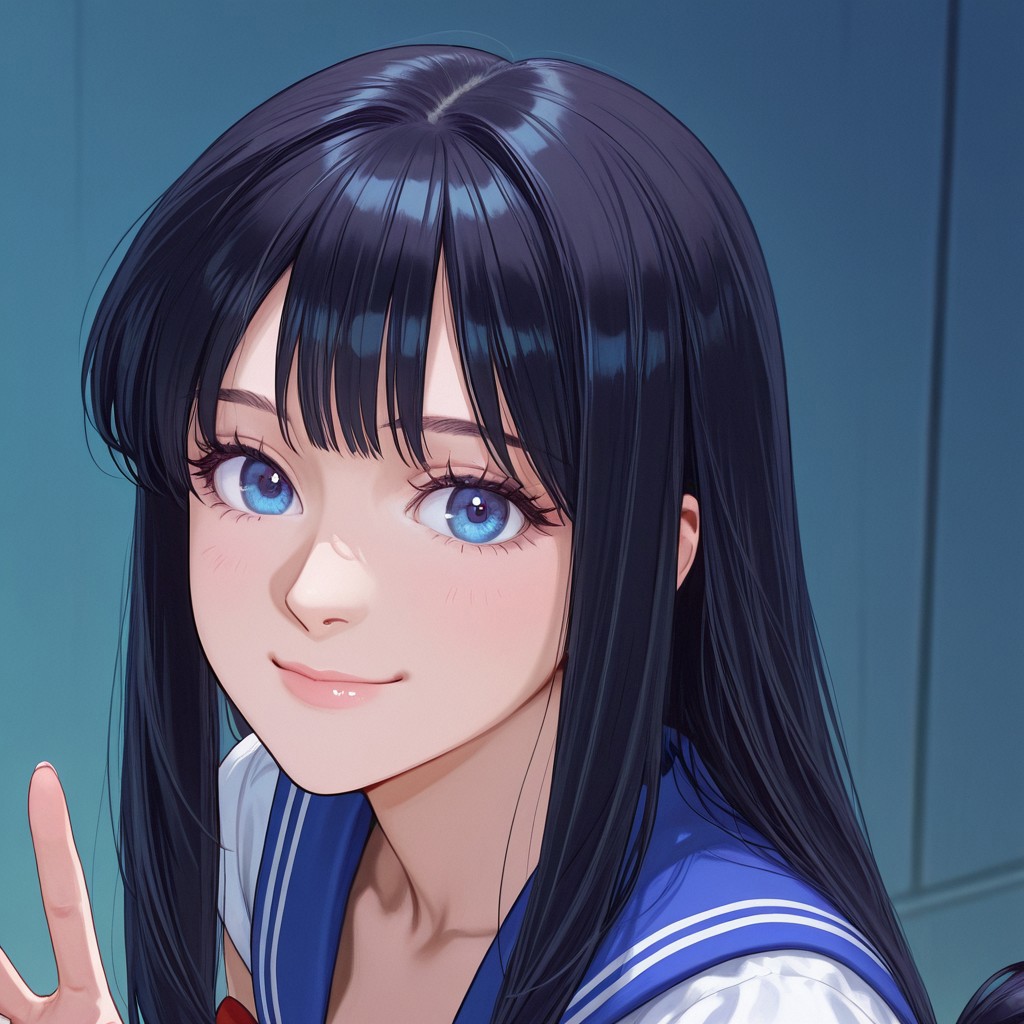 1girl, black hair,pony tail, bangs, straight hair, pale, blue eyes, smile, portrait, v, innocent. sailor moon style,