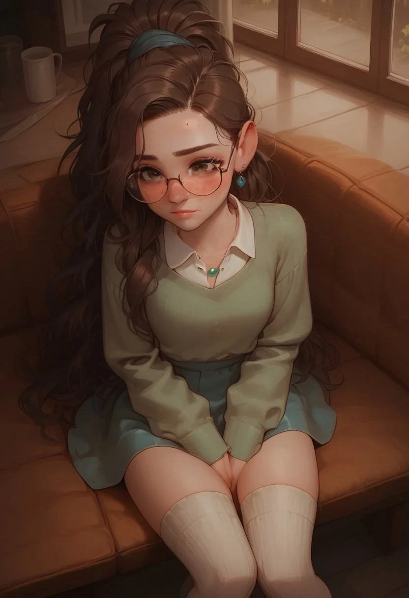 Score_9, Score_8_up, Score_7_up, Score_6_up, Score_9, Score_8_up, Score_7_up, girl, sitting, indoors, excess cuteness, the cutest girl in the world, cute cheeks, freckles, freckled girl, thick ass, young face, kinky, charming, petite, round face, small breasts, small nose, round face, dark brown eyes,
white linen shirt, white collared shirt, dark green sweater,, oversized sweater, green sweater, light blue skirt, blue skirt, pale skin, silver necklace, black framed eyewear, square glasses, ponytail, extremely long hair, very long hair, skinny, very skinny, sitting on hands,
dark brown hair, viewed from above, dark hair, thigh socks
elegant p4stry sh0p, cafe background,