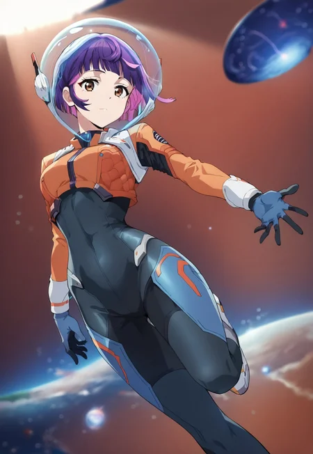 score_9, score_8_up, score_7_up, score_6_up, 8k, highest quality, high detail, masterpiece, best quality, beautiful lighting, (highest quality), source_anime, (anime screencap, animification, cel shading: 1.3), (best shadow), intricate details, (1girl, junoSDXL,1girl,short hair,gloves,pink hair,purple hair,brown eyes,blunt bangs,bodysuit,skin tight,gloves,helmet,spacesuit,space helmet),
hovering, floating, looking at viewer, space, dynamic angle, dutch angle, depth of field, looking at viewer