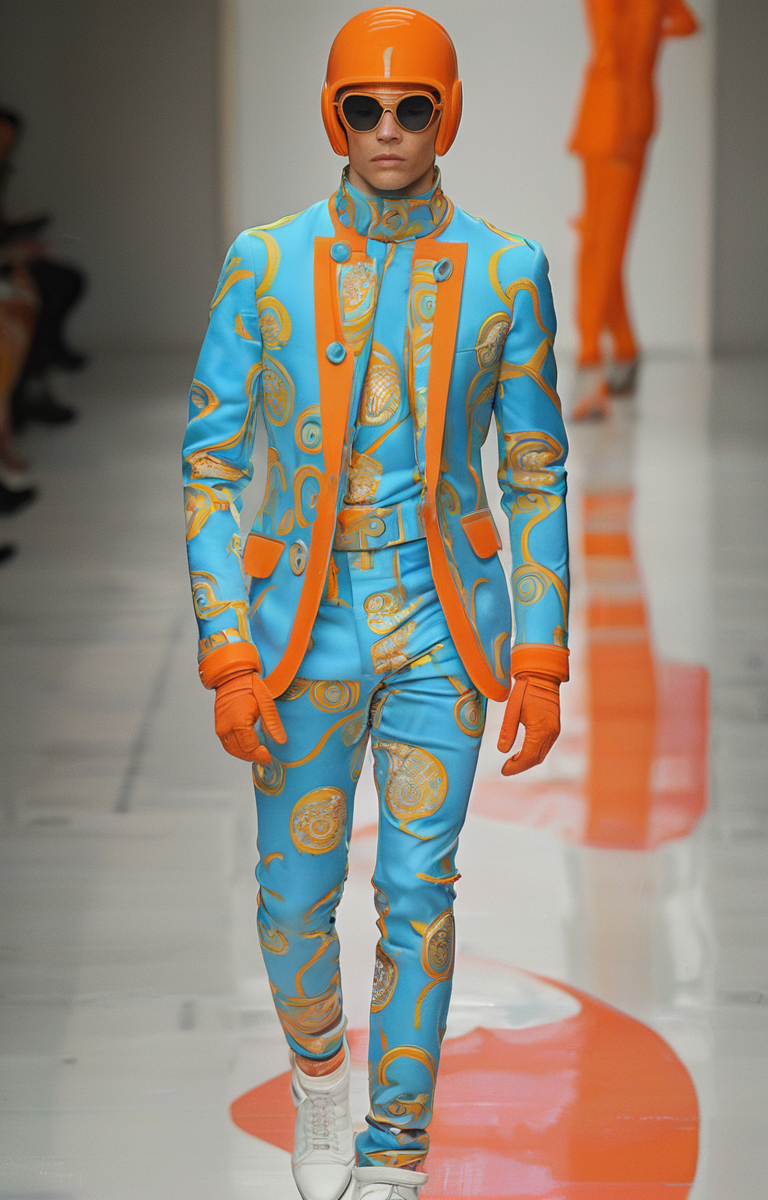 masterpiece,best quality,<lora:tbh321-sdxl:0.9>,illustration,style of Andre Courreges Versace's bold baroque print suit, vibrant colors, luxury menswear, Milan fashion scene