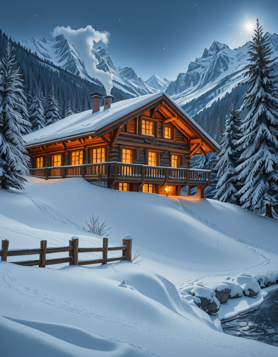 A stunning winter scene in the Tyrol region of Austria. A charming wooden chalet with traditional alpine architecture stands on a gentle snow-covered slope, surrounded by dense evergreen forests blanketed in fresh snow. The chaletâs warm interior lights glow softly through its large windows, creating a cozy contrast against the cool twilight hues of the sky. A plume of smoke drifts from the chimney, hinting at a roaring fireplace inside. In the foreground, a small wooden fence is partially buried under the snow, while a frozen river winds through the valley, reflecting the moonlight. Towering, snow-capped peaks of the Austrian Alps dominate the background, adding a breathtaking sense of grandeur. Snowflakes gently fall, adding movement and depth to the peaceful, picturesque scene. The image is hyper-realistic, capturing the intricate textures of the wood, snow, and ice, with cinematic lighting that highlights the magical winter ambiance.
<lora:SDXLFaeTastic2400:0.4> <lora:extremely_detailed:0.4> extremely detailed,winter scene in the Tyr0l, <lora:winter_scene_in_the_Tyr0l-i:1>, Masterpiece,best quality,hi res,8k,hi res,8k,award winning,(sharp focus, intricate, highly detailed),