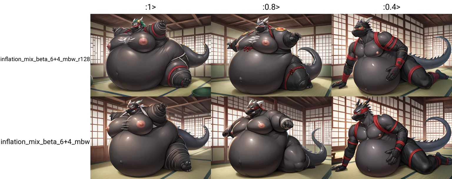 score_9, score_8_up, score_7_up, score_6_up, score_5_up, score_4_up,
detailed background, indoors, fortress, eastern fantasy, feudal japan,
1boy, anthro, solo, male, western dragon, reptile, skinny, shinobi, black clothing, ninja outfit, black bodysuit, ninja mask, nervous,
inflating, body inflation, blimpbelly, blimptits, spherical inflation, puffed arms, puffed legs, on front, close to bursting,
source_anime, source_furry, kemono, rating_questionable
 <lora:inflation_mix_beta_6+4_mbw_r128:1>