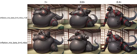score_9, score_8_up, score_7_up, score_6_up, score_5_up, score_4_up,
detailed background, indoors, fortress, eastern fantasy, feudal japan,
1boy, anthro, solo, male, western dragon, reptile, skinny, shinobi, black clothing, ninja outfit, black bodysuit, ninja mask, nervous,
inflating, body inflation, blimpbelly, blimptits, spherical inflation, puffed arms, puffed legs, on front, close to bursting,
source_anime, source_furry, kemono, rating_questionable
<lora:inflation_mix_beta_6+4_mbw_r128:1>