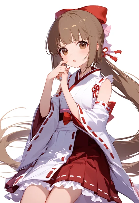 1girl,
yorita yoshino,
blush, sleeveless kimono, sleeveless, hair bow, simple background, skirt, bow, white background, open mouth, hand on own cheek, brown eyes, wide sleeves, very long hair, frills, ribbon-trimmed sleeves, ribbon trim, solo, japanese clothes, brown hair, white kimono, hakama, hand on own face, bare shoulders, hakama skirt, detached sleeves, long hair, kimono, looking at viewer, :o, frilled skirt, red bow, long sleeves, red skirt, ponytail, feet out of frame, hands up, miko,
sfw
<lora:a31_char_new_yorita_yoshino-000016:1> <lora:a31_style_koni-000010:0.8>